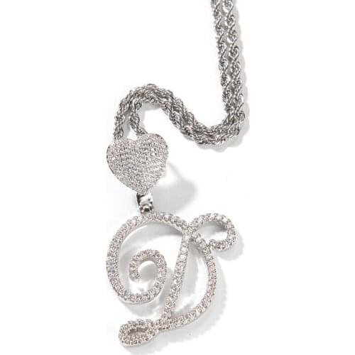 Iced Out Diamond Cursive Letter Pendant Necklace with Heart Hook Custom Name Gold Chain Men Women Hip Hop Jewelry Necklaces