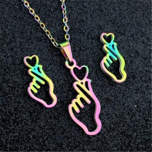 QIAMNI Dazzling Colorful Finger Love Heart Gestures Necklaces Pendants Earrings Stainless Steel Express Love Jewelry Set Gift