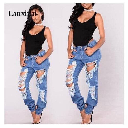 Lanxirui Hole Ripped Jeans Women Destroyed Distressed Pants Cool Demin Loose Vintage Jeans Girl Mid Waist Casual Pants Female