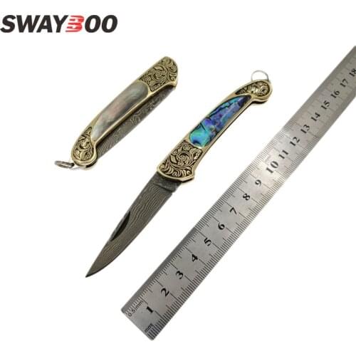 Big Size Handmade Damascus steel Blade Pocket Beautiful Folding Knife Yellow Brass +Abalone Shell Handle Utility Knife