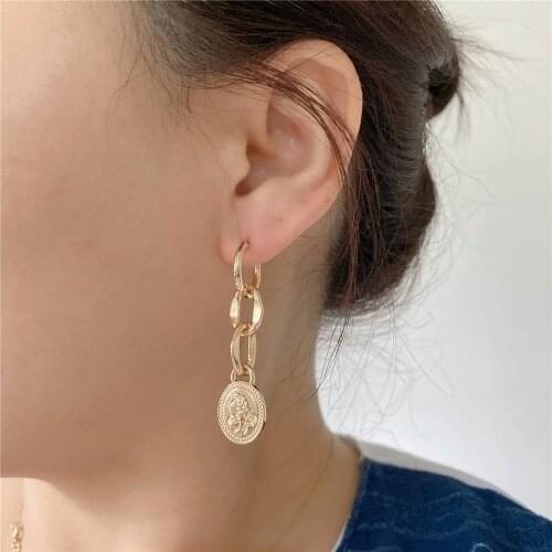 Gorgeous Gold Color Plating Rose Flower Engraved Oval Coin Charm Chain Shape Earrings For Women Girl Modern Office Elegant Jewel