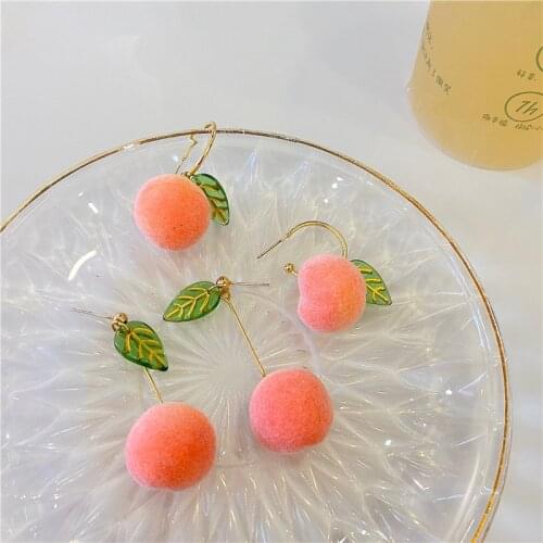 Korean Fashion Peach Earrings for Women Pink Fruit Pendants Earrings Green Leaves Long Hanging Earrings Geometry Kpop Jewelry