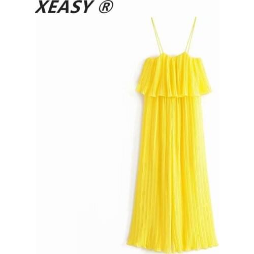 XEASY 2021 Women Casual Jumpsuits Vintage Solid Color Sling Straight Collar Laminated Stretch Waist Loose Wide Drape Jumpsuit