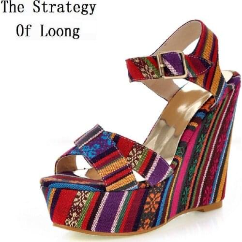 Summer Women Wedges Chunky Heel Platform National Style Peep Toe Ankle Wrap Sandals Gladiator Cross-tied Big Size Shoes SXQ1011