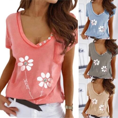 Summer Womens Loose Casual Tops Solid Color Printing V-neck Short-Sleeved T-Shirt For Women Fashion Cotton Clothing