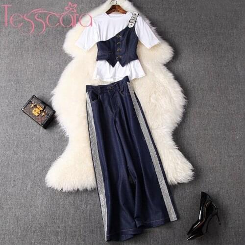 TESSCARA Women Runway Designer High Street Denim Pant Suit Set High Quality Female Wide Leg Two-piece Suits Overalls Pants Sets