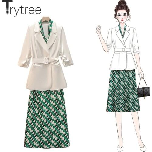 Trytree Summer Women Two Piece Set Casual Ribbon Notched Lapel Belt Coat + Geometric Strap Dress A-line Office Lady 2 Piece Suit