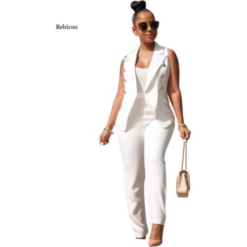 Womens Two Piece Set Ol Office Solid Color Buttons Vest Small Suit Vest Jacket Female Trousers Suit Set Spring Summer New