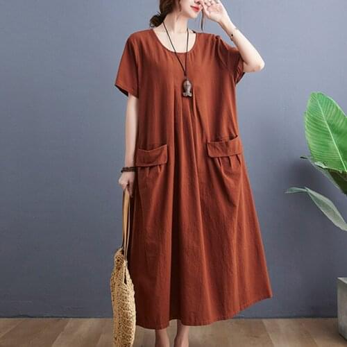 Cotton Linen Vintage Chinese Style Dress Robes 2021 New Arrival Pockets Loose Summer Dress Women Travel Casual Loose Long Dress