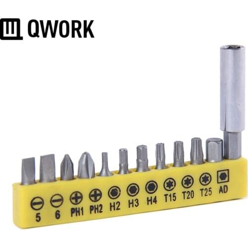 QWORK 10pcs Screwdriver Bits Plus Adapter Bit Plus Extension Bit Holder Set Power Tool Accessories (Slotted,Phillips,Torx,Hex)