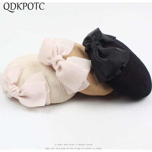 2021 Cap Summer Autumn New Women Thin Section Knitting Berets Fashion Retro Elegant Breathable Bow-knot Painter Hat QDKPOTC