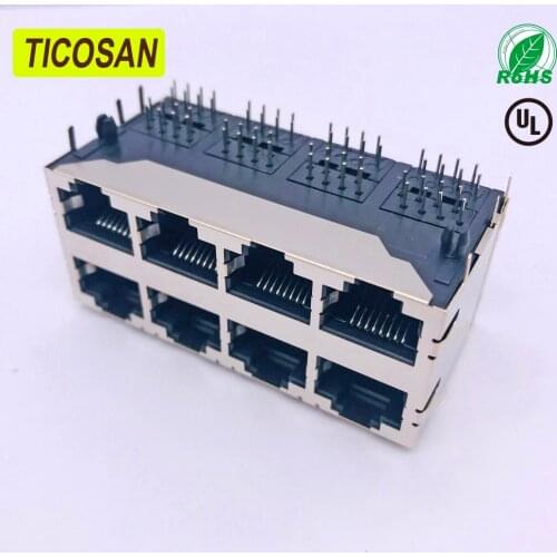 Ticosan RJ45 2*4 4 Ports Shielding RJ45 8P8C Female Jack Connector without LED PCB Mount Network Internet Modular