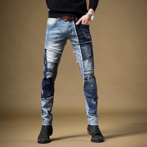 Free Shipping New mens male denim jeans Autumn winter American street trends personality stitching boys casual pants 98% cotton