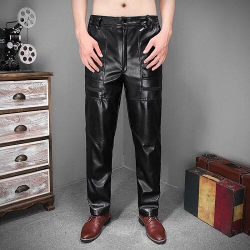 ChangNiu Fashion Men Leather Pants Black Solid PU Leather Pants With Pocket Shiny Spring Autumn Leather Pants For Male Elastic