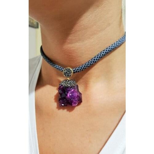 Dr Stone natural Stone womens Amethyst choker Necklace gold plated XZ121A 372868550