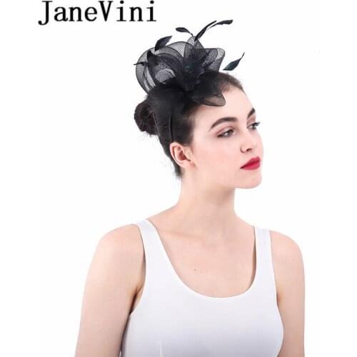 JaneVini Elegant Black Hair Accessories for Brides Wedding Facinators Hats Feathers Headband Party Tulle Hat Women Hearwear 2019