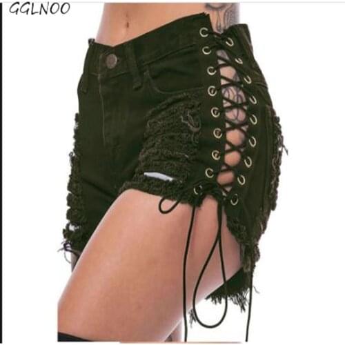 GGLNOO Sexy Ripped Hole Fringe Denim Shorts Women Lace Up Casual Pocket Jeans Shorts Plus Size Summer Hot Shorts GG23207