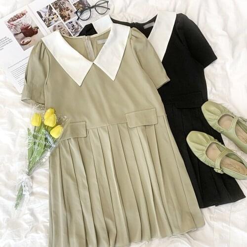 Japanese color-blocking doll collar summer high-waist slim pleated dress