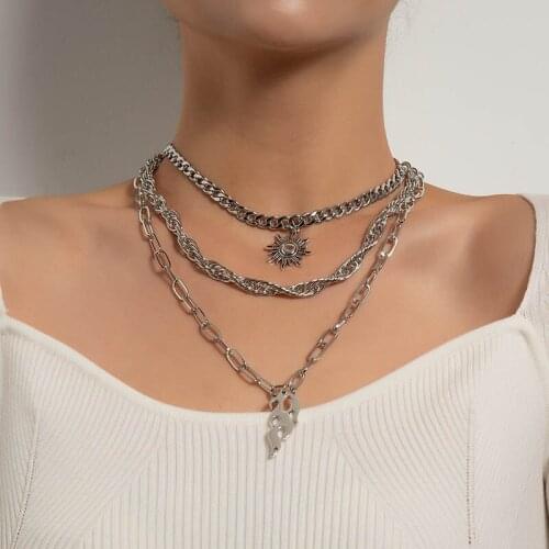 Punk Exaggerated Multilayer Thick Chains Sun Fire Flame Pendant Necklace Women Vintage Geometric Sweater Chain Necklace Jewelry