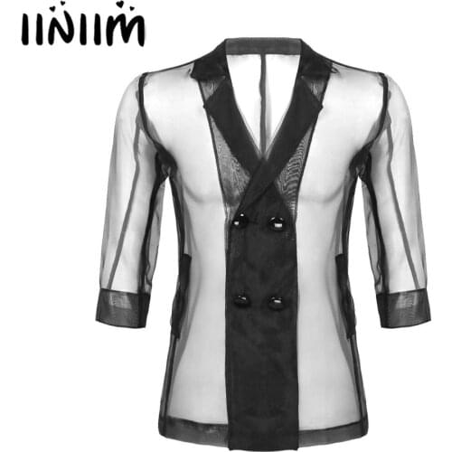 Fashion Tops for Mens Lapel Collar 3/4 Sleeves See Through Sheer Shirt Tops Double-Breasted Transparent Coat for Party Nightclub