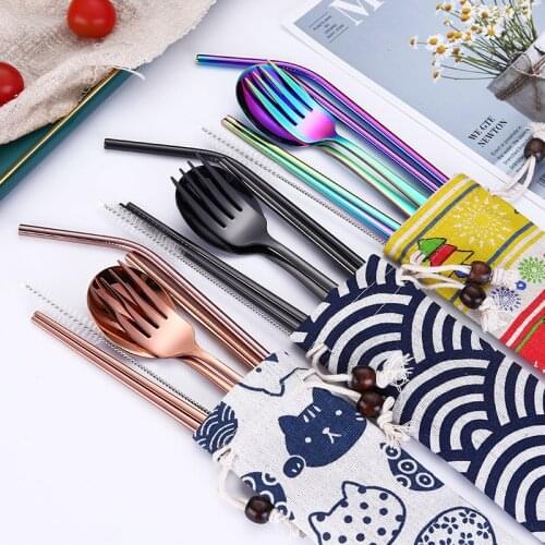 Stainless Steel Dinnerware Set Spoon Fork Chopsticks Straw With Cloth Pack Cutlery For Travel Outdoor Office Picnic BBQ