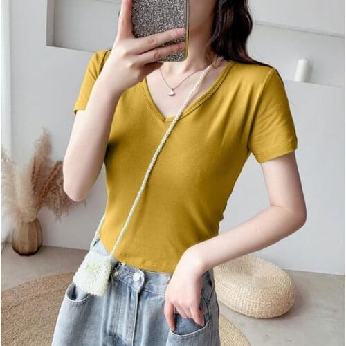 New Short-sleeved t-shirt womens tight-fitting v-neck 2021 new womens short top