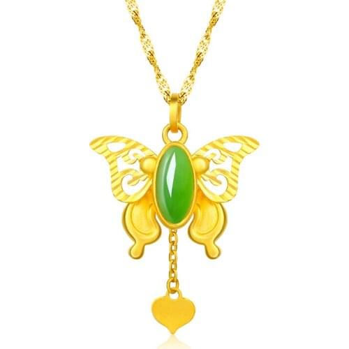 Chalcedony Butterfly Pendant Necklace Charm Jewelry Hetian Jade Agate 925 Silver Natural Carved Amulet Gifts for Her Women Green