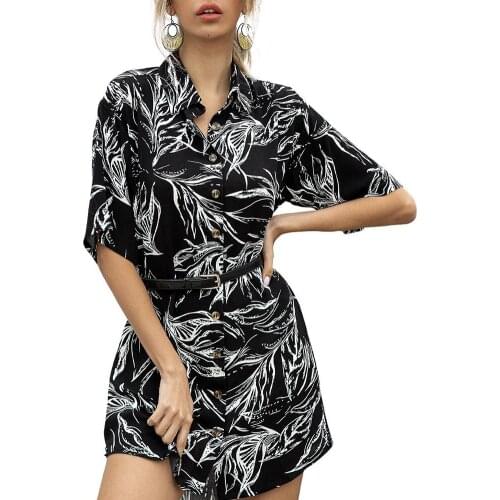 Casual Floral Women Shirts Button up Turndown Collar Knitted Short Sleeve Long Shirt Dress Loose Top girl stylish summer
