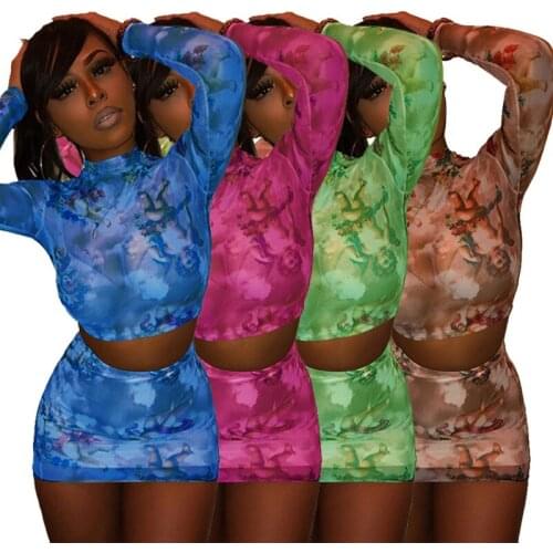 Angel Print Sheer Mesh Sexy Outfits 2 Piece Skirt Set Women Long Sleeve Crop Top Skirt Two Piece Club Matching Sets