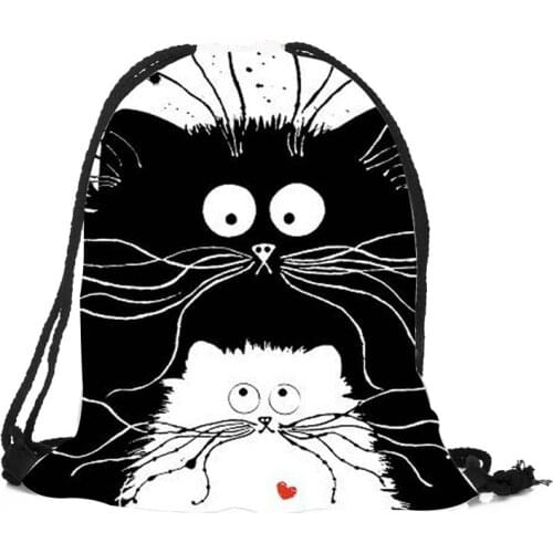 3D Unisex Simple Durable black backpack cute white cat print shoulder bag ladies travel shopping rope bags