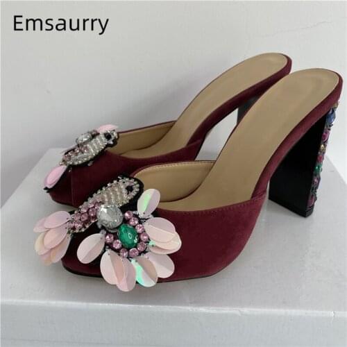Sequins Flower Decor Sandals For Girls Women Jeweled Rhinestone High Heel Peep Toe Slingbacks Mules Luxury Suede Summer Shoes