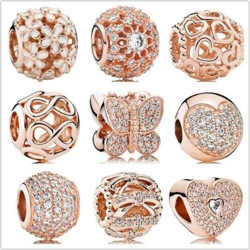YW Authentic Original 925Sterling Silver Charm Bead Pendant Spacer Clip Charms Rose Gold Fit Pandora Bracelets Women DIY Jewelry