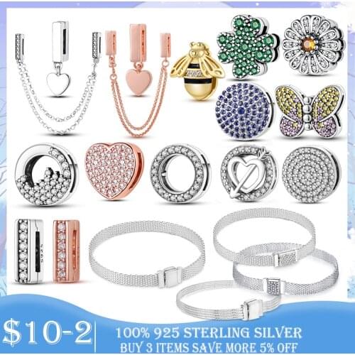 Reflexions Charms 925 Sterling Silver Heart Clip Safety Chain Reflexions Beads fit Pandora Mesh Bracelet 925 Original Jewelry