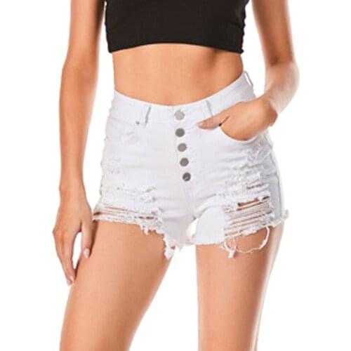 High Waist Hole Button Fly Jeans Shorts Women Summer 2021 Straight Black/ White Ripped Sexy Club Streetwear Bottoms Denim Shorts