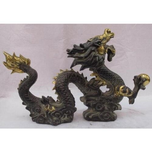 Chinese Royal Palace Bronze Copper Gild Evil Fengshui Dragon play bead Statue