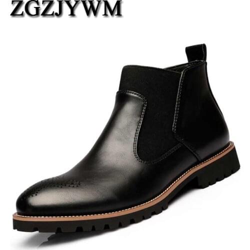 ZGZJYWM Fashion Spring/Winter Fur Elastic Band Mens Chelsea British Style Ankle Black/Brown/Red Soft Leather Casual Shoes