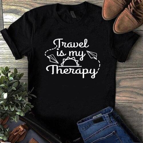 Korean Clothes Graphic Tees Women T Shirt Go Travel Is My Therapy Short-sleeve Tshirt Ulzzang Tee Tops Plus Size Funny T Shirts