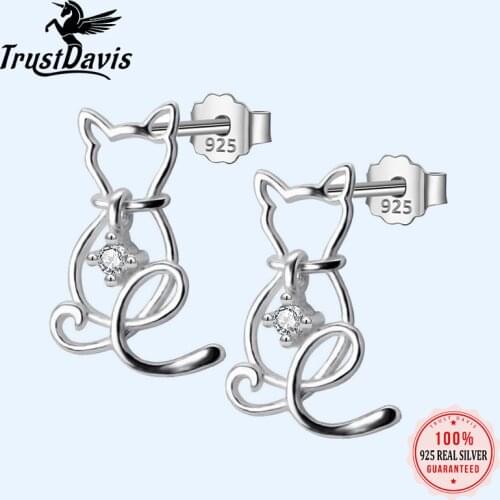 Trusta Authentic Minimalist 925 Sterling Silver Fashion Hollow CZ Animal Cat Stud Earrings For Women Wedding Jewelry Gift DS516