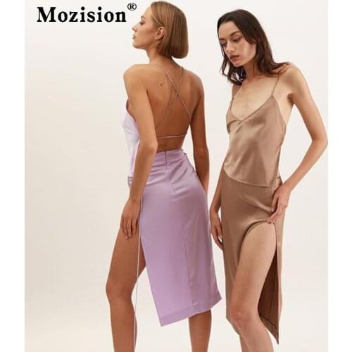 Mozision Summer Sexy Two Piece Set Women Outfits Halter Crop Top+ High Split Skirt Matching Sets Femme Sexy Streetwear Clothing