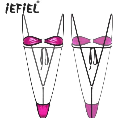 Womens Metallic Leather Lingerie Bikini Set Swimsuit Swimwear Summer Bodysuit Catsuit Lace-up Bra with G-string Sexy Clubwear