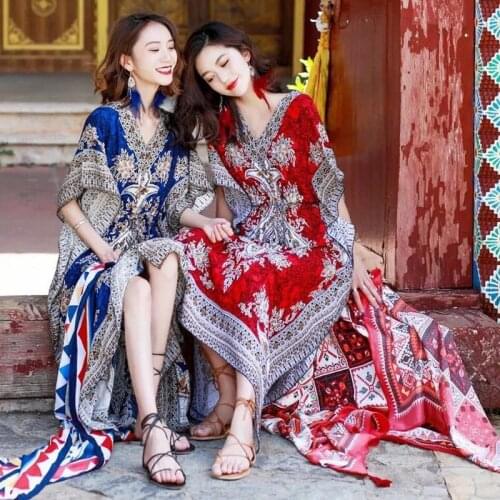 Thai National Style Beach Womens Seaside Holiday Loose Size Slim Cotton Silk Dress Bohemian Long Skirt Vfemage Vestido Oodji