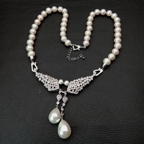 20" Cultured White near round freshwater Pearl choker Necklace Sea Shell Pearl Cubic Zirconia micro pave Pendant wedding