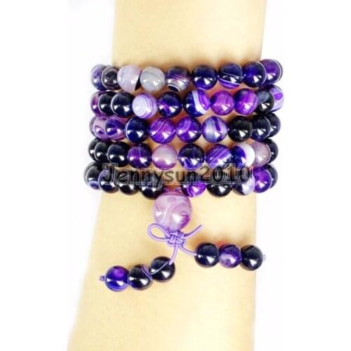 Natural Purple Stripe Ag-ate 8mm Gem Stone Buddhist 108 Beads Prayer Mala Multi-Purpose Stretchy Bracelet Necklace 2Strands/Pack