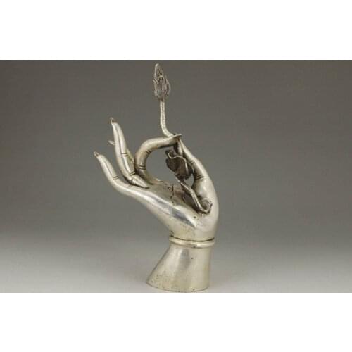 China Old White Copper Handwork Carving Buddha Kwan-yin Collectable Hand Statue