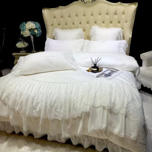 White Egyptian Cotton Lace Princess Bed Set Luxury Wedding Bedding Sets Queen King Size Bedlinen Sheet Duvet Cover Bedclothes