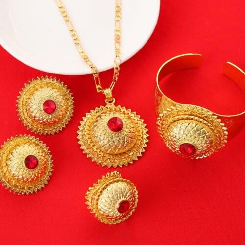 Ethiopian Jewelry Set Gold Color Pendant Necklace Earrings Ring Bangle Eritrea Africa Habesha Wedding Party Items