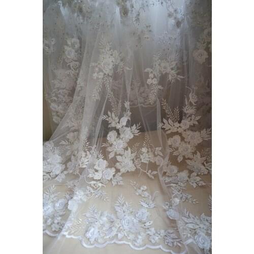 3 yards white heavy beaded lace fabric with 3D beads floral appliques mesh embroidered lace fabric for bridal wedding fabrics