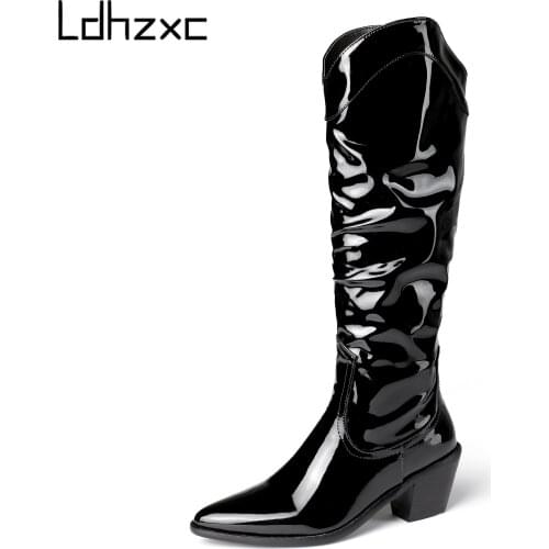 LDHZXC 2020 Patent Leather Women Knee High heel Boots women for Wedding Boots Thich High Heels Female Boots Plus Size 34-46