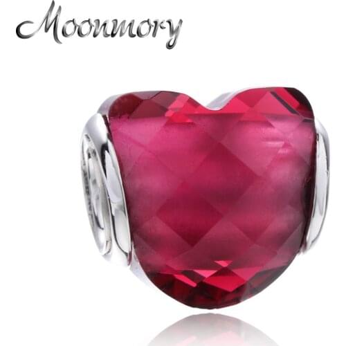 Moonmory 925 Sterling Silver 2020 Valentines Shape of Love Red Glass Charm Fits Brand Snake Bracelet Valentines Day gift Beads