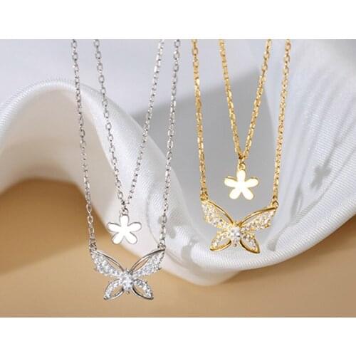 A Girl' 2021 New Female Jewelry Simple Necklace Accessories Flashing Diamond Double Flower Butterfly Necklace